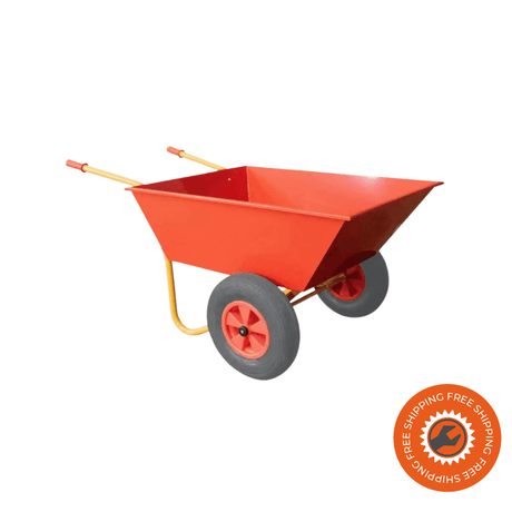 Carriola Ravendo BU 2001 SP PUR in acciaio giallo e rosso con vasca da 200 litri e ruota piena in PUR Ø4.00 x 8 antiforatura, ideale per agricoltura e allevamento.
