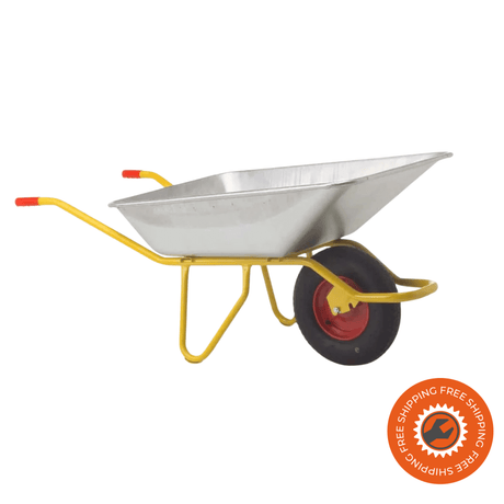 La carriola Ravendo BU 1400 S con vasca da 140 litri, struttura in acciaio tubolare da 30 mm e ruota pneumatica con cuscinetti a sfera, ideale per trasporto sicuro e stabile fino a 250 kg.
