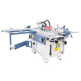 Vista completa della CF 310 F, macchina professionale con fresatrice inclinabile, cavatrice, tavolo scorrevole da 2600 mm e componenti in ghisa di alta qualità.