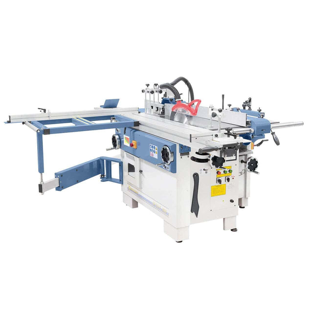 Vista completa della CF 310 F, macchina professionale con fresatrice inclinabile, cavatrice, tavolo scorrevole da 2600 mm e componenti in ghisa di alta qualità.