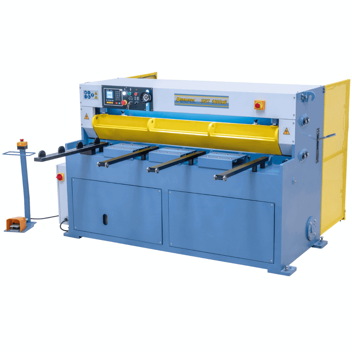Cesoia idraulica Bernardo HST 1600 x 6 con arresto CNC, pressore automatico e bracci di supporto, ideale per tagli fino a 6 mm.