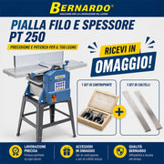 Macchina combinata pialla filo e spessore Bernardo PT 250 fornita in combo con lame di ricambio e calibro di registrazione per lavorazioni precise del legno.