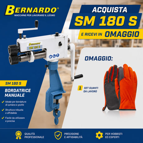 Bordatrice manuale Bernardo SM 180 S in combo con guanti inclusi, ideale per applicazione precisa di bordi su pannelli e lavorazioni di falegnameria.