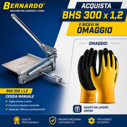 Cesoia manuale Bernardo BHS 300 x 1,2 in combo con guanti inclusi, ideale per il taglio preciso di lamiera sottile e lavorazioni di officina.