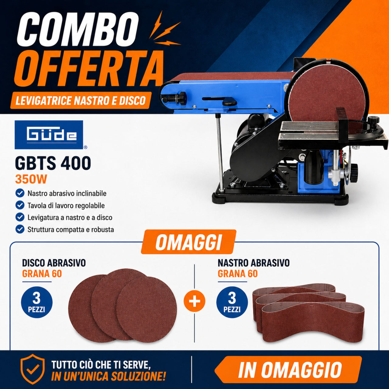Levigatrice combinata a nastro e disco Güde GBTS 400 da 350W in versione combo, ideale per levigatura, rifinitura e sagomatura di legno e altri materiali.