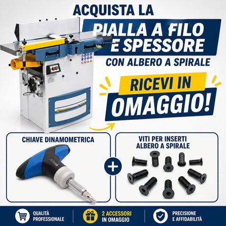 Macchina combinata pialla a filo e spessore Bernardo AD 260 S alimentazione 230V, dotata di albero a spirale per lavorazioni precise del legno.