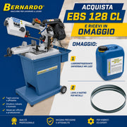 Sega a nastro per metallo Bernardo EBS 128 CL alimentazione 230V, fornita in combo con lama HSS da 1638 mm per tagli precisi su acciaio e metalli.
