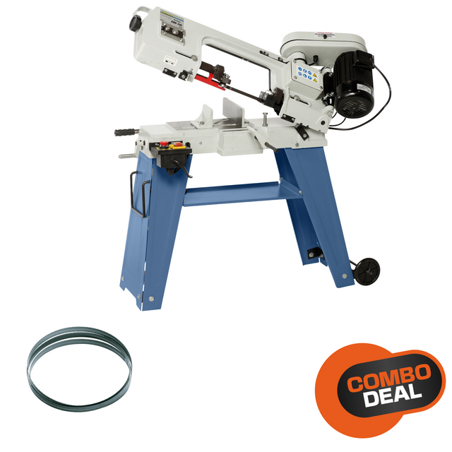 La sega a nastro Bernardo EBS 115 con capacità di taglio fino a 100 mm, tre velocità selezionabili e basamento mobile, fornita con lama BiFlex e dispositivi di sicurezza secondo norme CE.