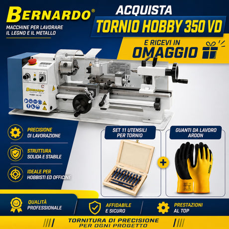 Tornio Bernardo Hobby 350 VD in versione combo, ideale per lavorazioni di tornitura su metallo con precisione e controllo della velocità variabile.