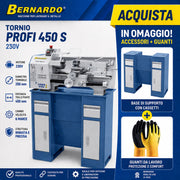 Tornio Bernardo Profi 450 S alimentazione 230V in versione combo, ideale per lavorazioni di tornitura su metallo con elevata precisione e affidabilità.