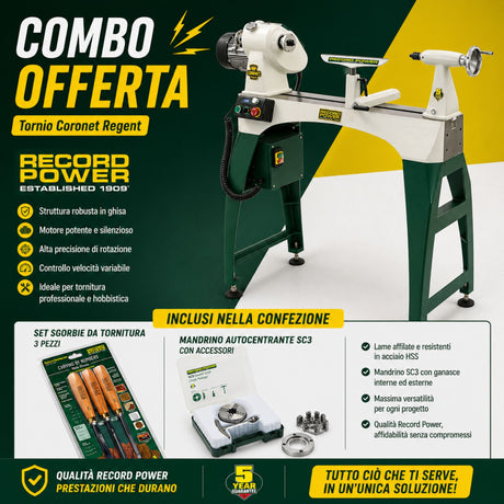 Tornio per legno Record Power Coronet Regent in versione combo, ideale per tornitura professionale con elevata stabilità, potenza e precisione su pezzi di grandi dimensioni.