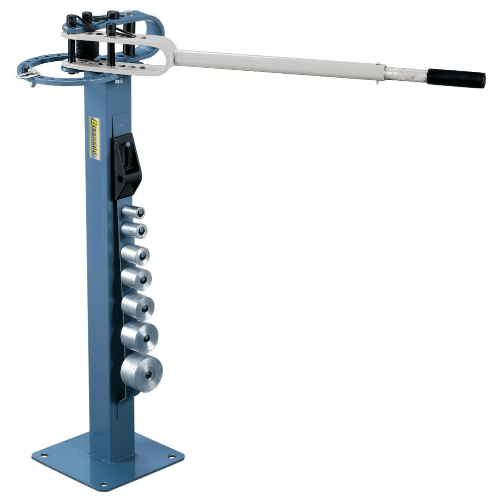 La Bernardo MR 100 F con leva estendibile, 7 rulli di piegatura inclusi, capacità per piatti fino a 8 x 50 mm e piegatura fino a 200°, ideale per lavori artigianali.