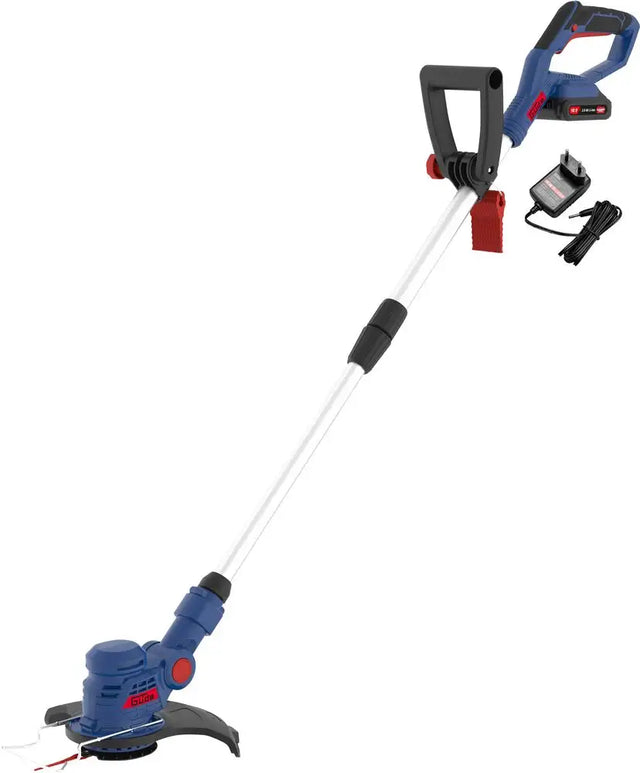 Decespugliatore a batteria Guede RT 18-201-05 18V con doppia lama, testa rotante a 180°, impugnatura telescopica e batteria 2.0 Ah con caricatore.