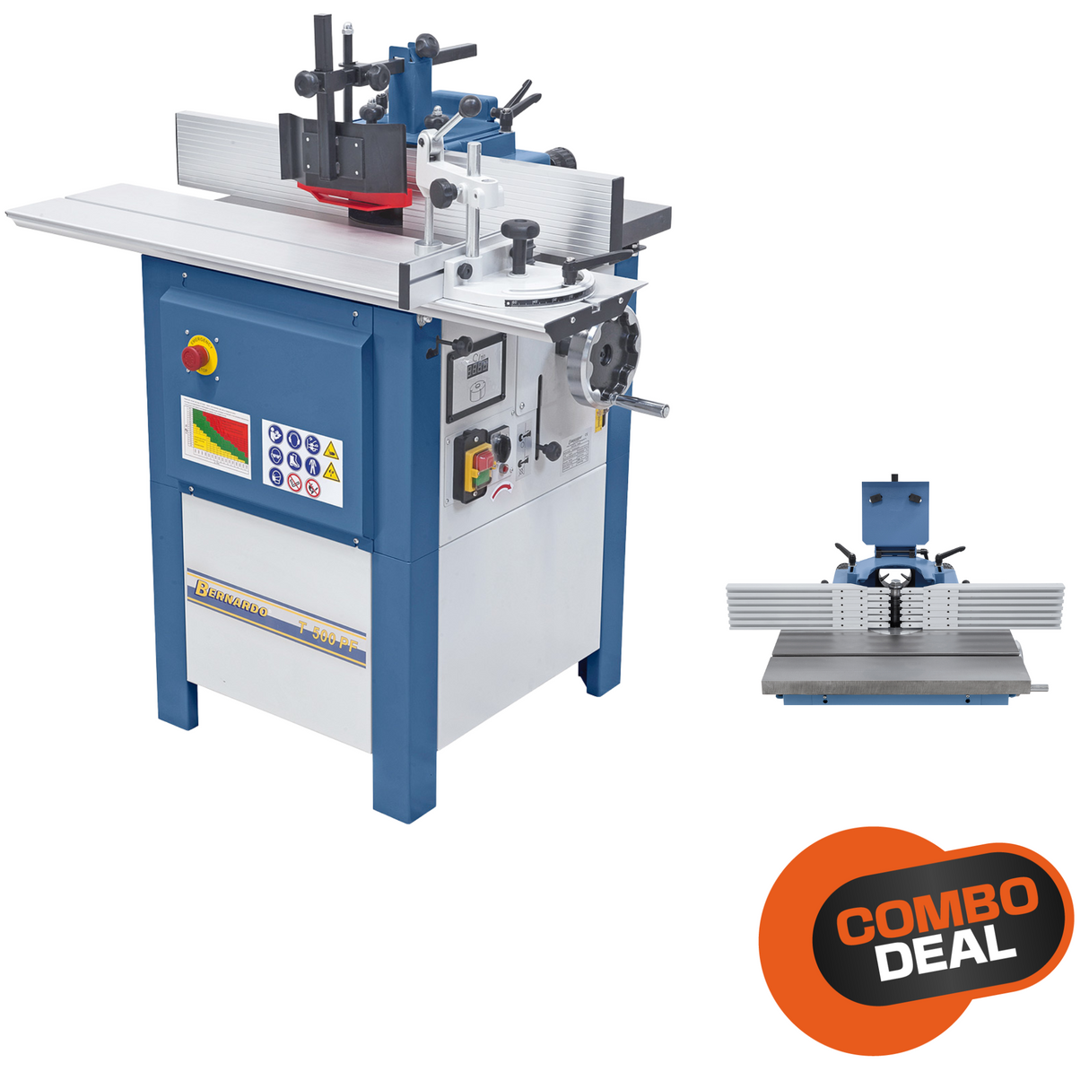 Fresatrice Toupie Bernardo T 500 PF con mandrino Ø 30 mm, tavola scorrevole, guida integrale e velocità regolabili, per fresature precise.