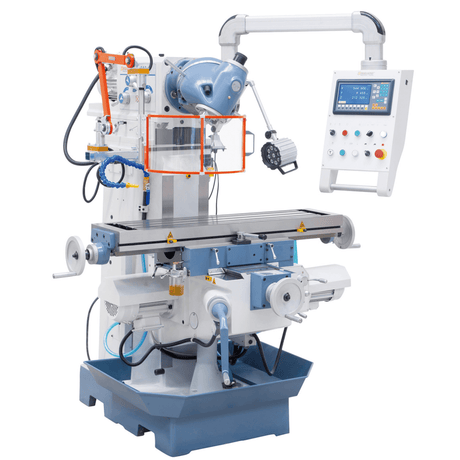 Bernardo Fresatrice universale UWF 110 con tavola da 1120 x 260 mm, testa orientabile a 360° e display digitale a 3 assi ES-12 H, ideale per lavorazioni meccaniche versatili e precise.