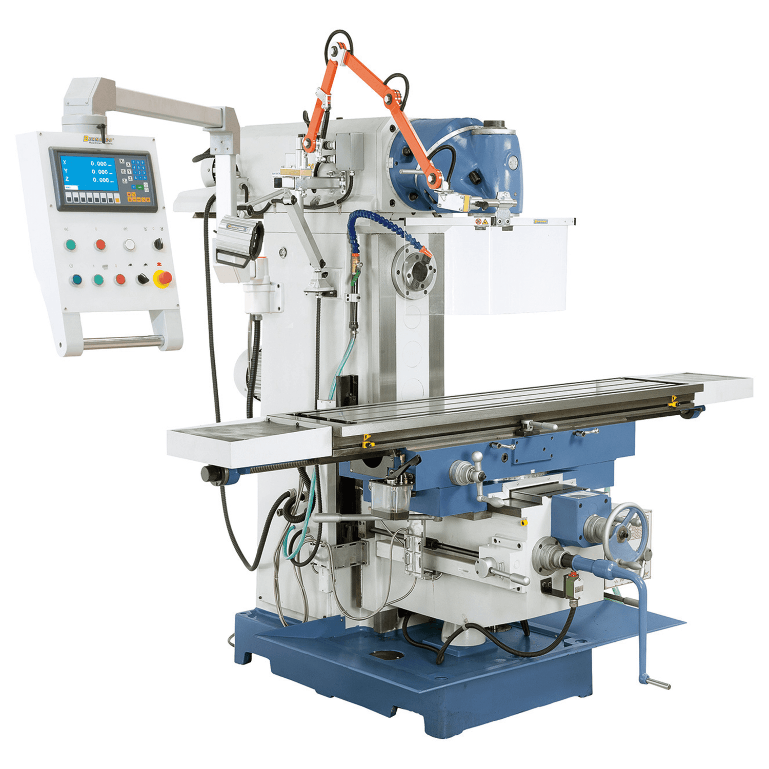 Bernardo Fresatrice universale UWF 150 con tavola da 1650 x 360 mm, mandrini ISO 50 e display digitale a 3 assi ES-12 H, ideale per officine meccaniche e lavorazioni industriali.