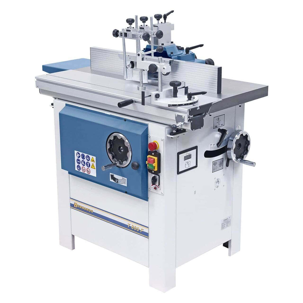 Vista della fresatrice T 800 F con tavolo scorrevole anodizzato, albero inclinabile fino a -45°, guida angolare e struttura compatta in ghisa per lavorazioni precise.