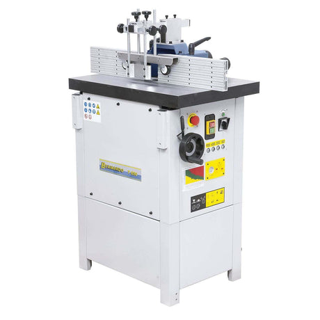 La fresatrice verticale T 650 vista frontalmente con guida regolabile, manicotto abrasivo e struttura in acciaio verniciato.