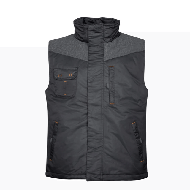 Gilet ARDON® BEN nero/grigio con dettagli arancioni, imbottitura termica e tasche con zip, ideale per lavori invernali all’aperto.