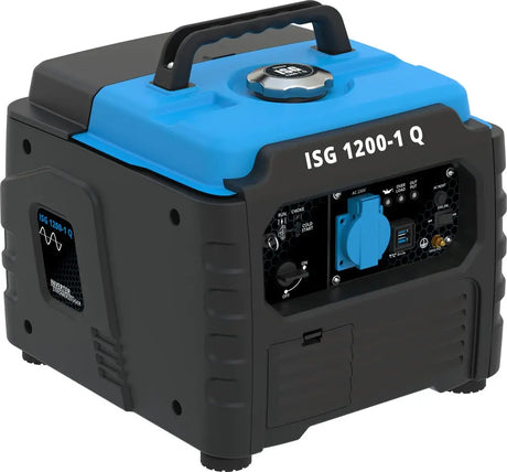 Generatore inverter Guede ISG 1200-1 Q compatto e leggero, con 2 porte USB e motore a benzina 4T OHV, ideale per campeggio e attività outdoor.