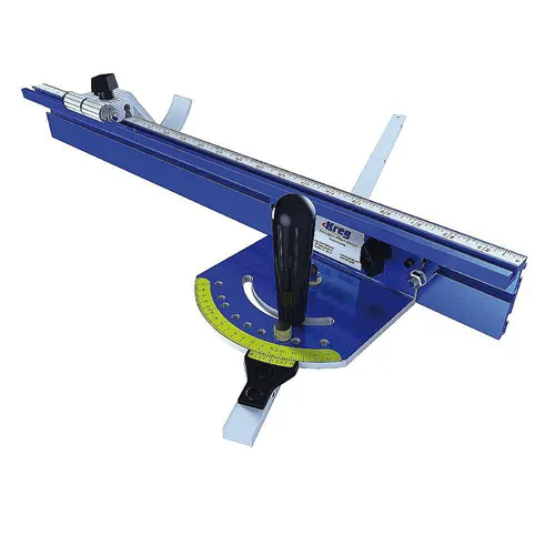 Sistema angolare completo in alluminio con scala in pollici, manopola in ottone e fermo oscillante, montato su sega da banco Laguna Fusion.