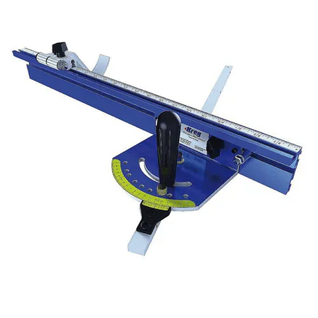 Sistema angolare completo in alluminio con scala in pollici, manopola in ottone e fermo oscillante, montato su sega da banco Laguna Fusion.