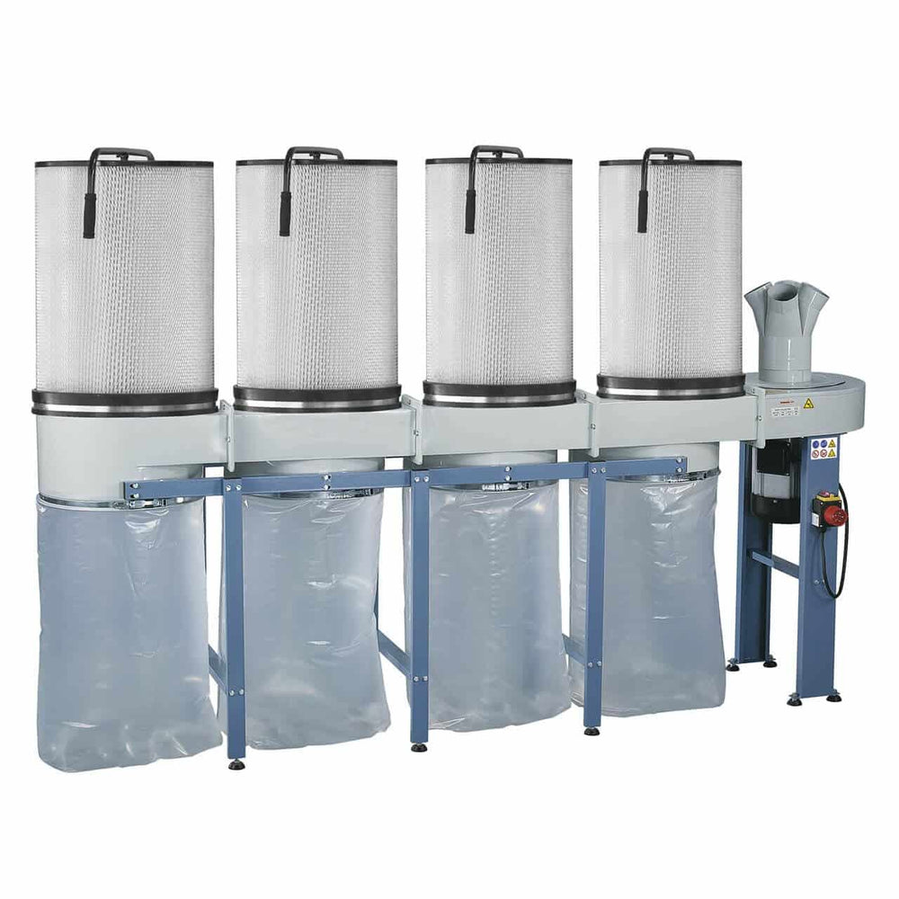 Impianto di aspirazione Bernardo DC 750 CF 400 V con 4 cartucce FP 2 e ventola in acciaio aerodinamico, ideale per la rimozione di trucioli e polveri sottili in laboratori e falegnamerie.