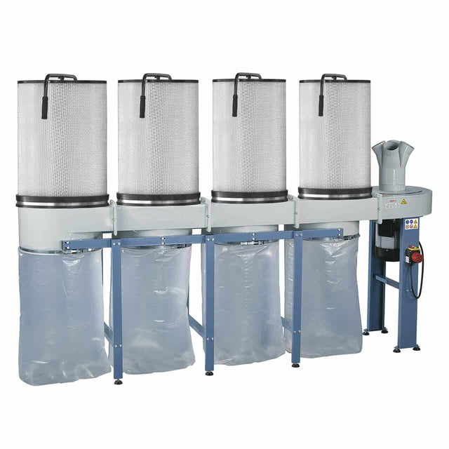 Impianto di aspirazione Bernardo DC 750 CF 400 V con 4 cartucce FP 2 e ventola in acciaio aerodinamico, ideale per la rimozione di trucioli e polveri sottili in laboratori e falegnamerie.