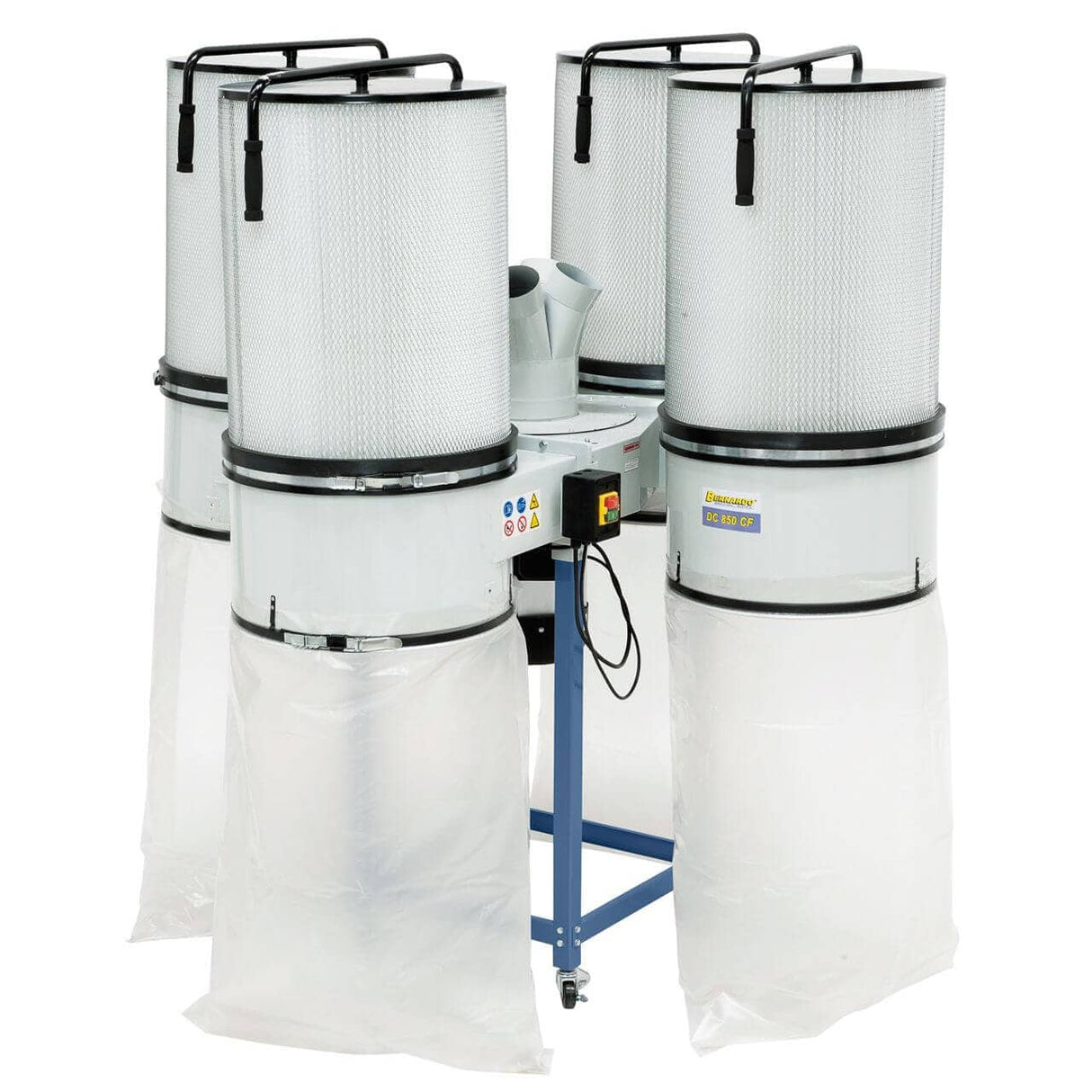 Impianto di aspirazione professionale Bernardo DC 850 CF 400 V, dotato di 4 filtri FP 2 e 4 sacchi da 190 litri, ideale per aspirare trucioli e polveri sottili in grandi officine e reparti di falegnameria.