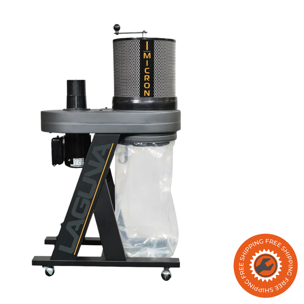 Vista laterale del BFlux 1 con cartuccia filtrante, sacco raccoglitore e ugello orientabile. Design compatto e struttura stabile, perfetta per piccoli laboratori.