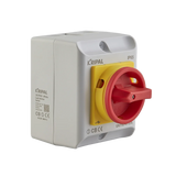 Vista dell’interruttore rotativo MS 230V da esterno con involucro plastico IP65, ideale per isolamento elettrico in ambienti industriali