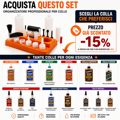 Kit IGM con 13 punte in plastica per tasselli 4–12 mm, DOMINO, biscuit, coda di rondine, scanalatura, pennello nylon e rullo 60 mm, 2 flaconi da 250 ml, tappi e supporto, in combo con colla Titebond a scelta.
