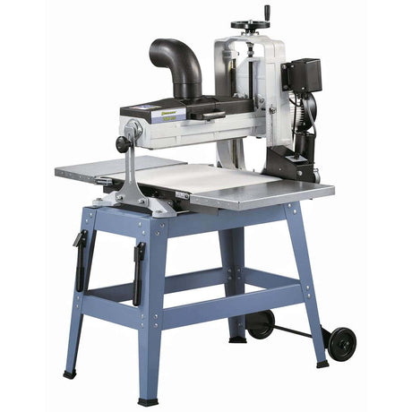 Vista frontale della levigatrice a cilindro ZSM 405 con stand a rulli, prolunghe laterali e nastro abrasivo installato, ideale per pannelli e telai.