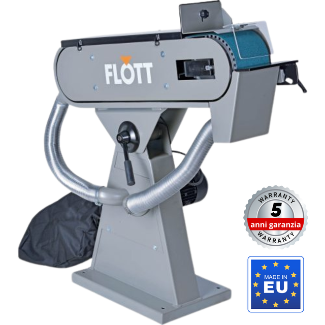 Levigatrice a nastro Flott BSM 150 A/pol. dotata di aspirazione integrata, nastro 2000x150 mm e recinzione regolabile.