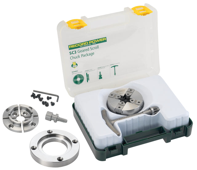 Mandrino Record Power SC3 M33 x 3.5 compatto e leggero, completo di ganasce standard da 50 mm, flangia da 3,5” e vite per legno per tornitura di precisione.