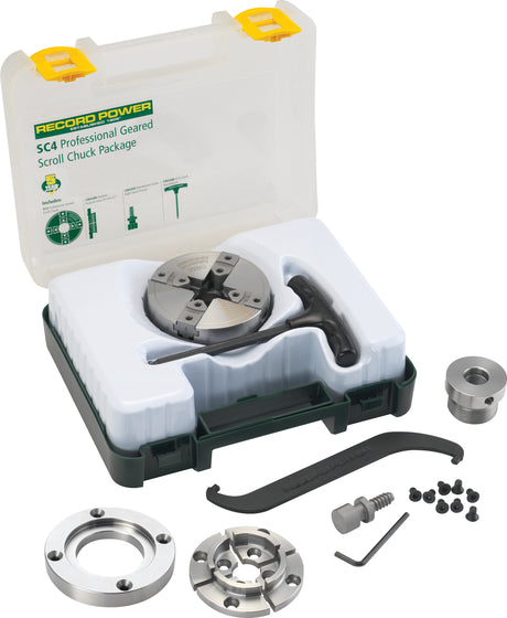 Mandrino Record Power SC4 con filettatura diretta M33 x 3.5, dorso chiuso, indicizzazione completa e flangia da 87 mm per tornitura professionale di grandi pezzi.