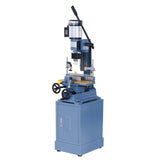 Vista frontale della mortasatrice HM 25 con struttura in ghisa, morsa di bloccaggio rapida, tavolo scorrevole e testa girevole a 180°, progettata per lavorazioni accurate su legno.