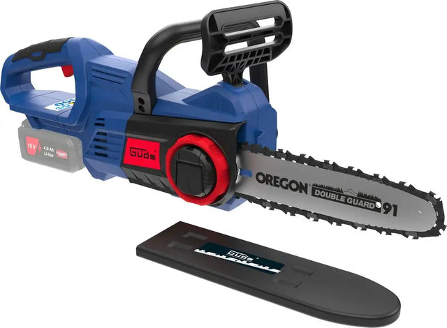 Motosega Guede KS 18-0 18V con barra e catena Oregon, freno catena elettrico/meccanico e lubrificazione automatica, ideale per potature e piccoli tagli di legna.