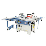 Vista completa della PSM 2000 con tavolo scorrevole da 2 m, guida telescopica, lama con incisore e toupie inclinabile, perfetta per falegnameria di precisione.