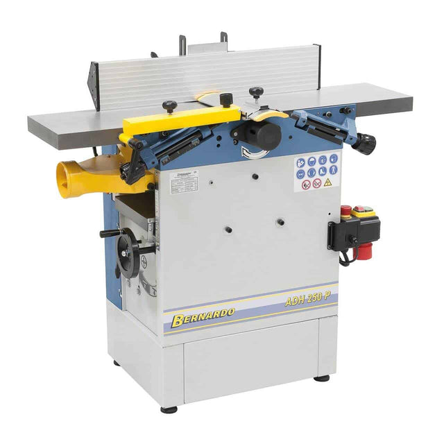 Pialla a filo e spessore Bernardo ADH 250 P 230 V con tavoli in ghisa, recinzione in alluminio inclinabile e albero a 3 coltelli HSS, ideale per lavorazioni precise e professionali del legno.