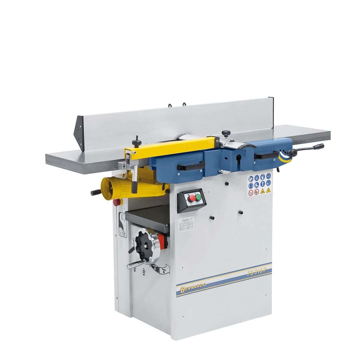 Pialla a filo e spessore Bernardo FS 310 P 400 V con tavoli in ghisa ribaltabili, recinzione inclinabile e albero a 3 coltelli HSS, ideale per falegnamerie e lavorazioni professionali del legno.