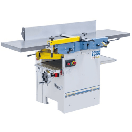 Pialla a filo e spessore Bernardo FS 410 P 400 V con tavoli in ghisa, recinzione inclinabile, display digitale e albero a 3 coltelli HSS, ideale per falegnamerie e laboratori professionali.