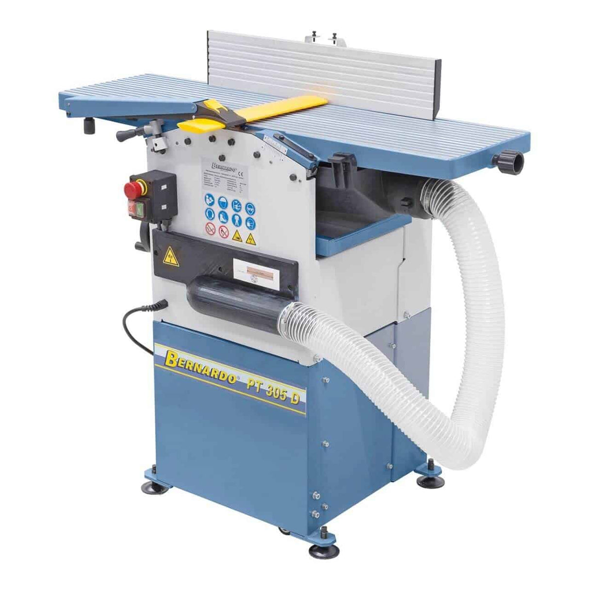 Pialla a filo e spessore Bernardo PT 305 D 400 V con tavoli in alluminio rettificato, recinzione inclinabile e aspiratore integrato, ideale per lavorazioni precise e pulite del legno.