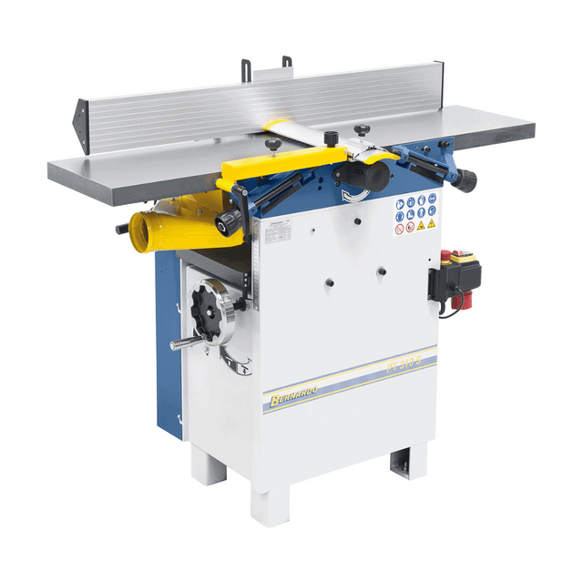 Pialla a filo e spessore Bernardo PT 310 S 400 V con albero a spirale da 30 inserti TCT, tavoli in ghisa rettificata e recinzione inclinabile, ideale per falegnamerie e laboratori professionali.
