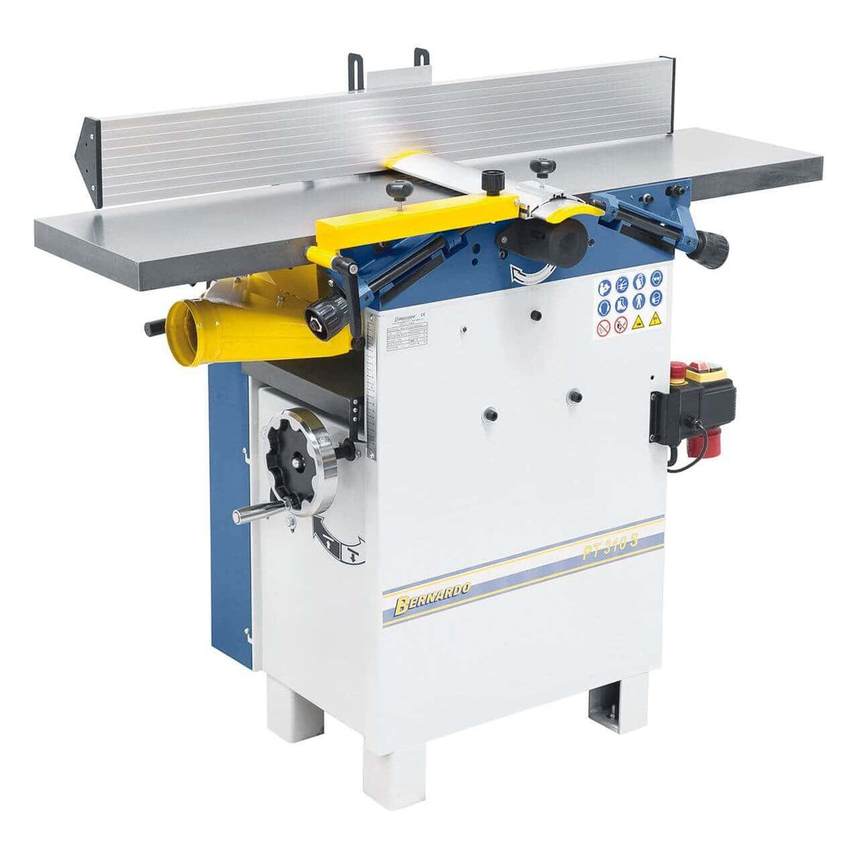 Pialla a filo e spessore Bernardo PT 410 S 400 V con albero a spirale da 72 inserti TCT, tavoli in ghisa e recinzione inclinabile, ideale per falegnamerie professionali e lavorazioni di precisione.