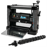 IGM PS33, pialla a spessore portatile con testata a spirale a 36 inserti in carburo reversibili, larghezza di lavoro 330 mm, tavoli ribaltabili, alimentazione monofase 230 V.