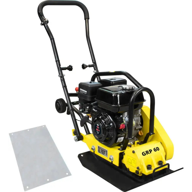 Piastra vibrante Güde GRP 60 con motore a 4 tempi, piastra di compattazione da 510x370 mm e tappetino in poliuretano per superfici sensibili.