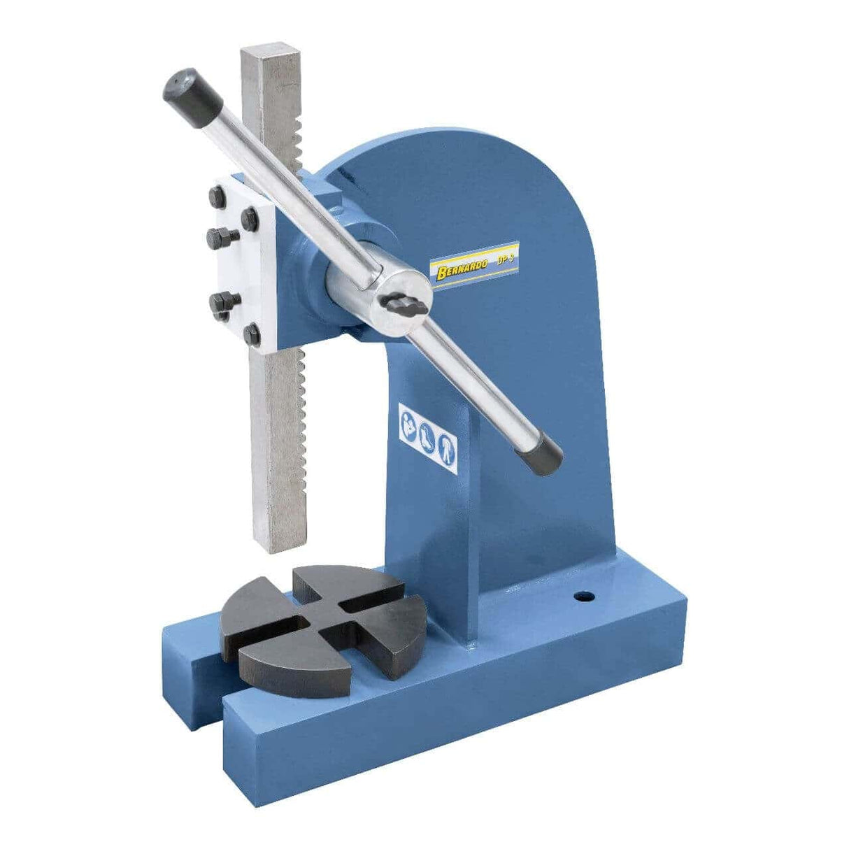 Pressa manuale a cremagliera Bernardo DP3 con struttura robusta in acciaio, altezza utile 300 mm e forza fino a 1181 kg.