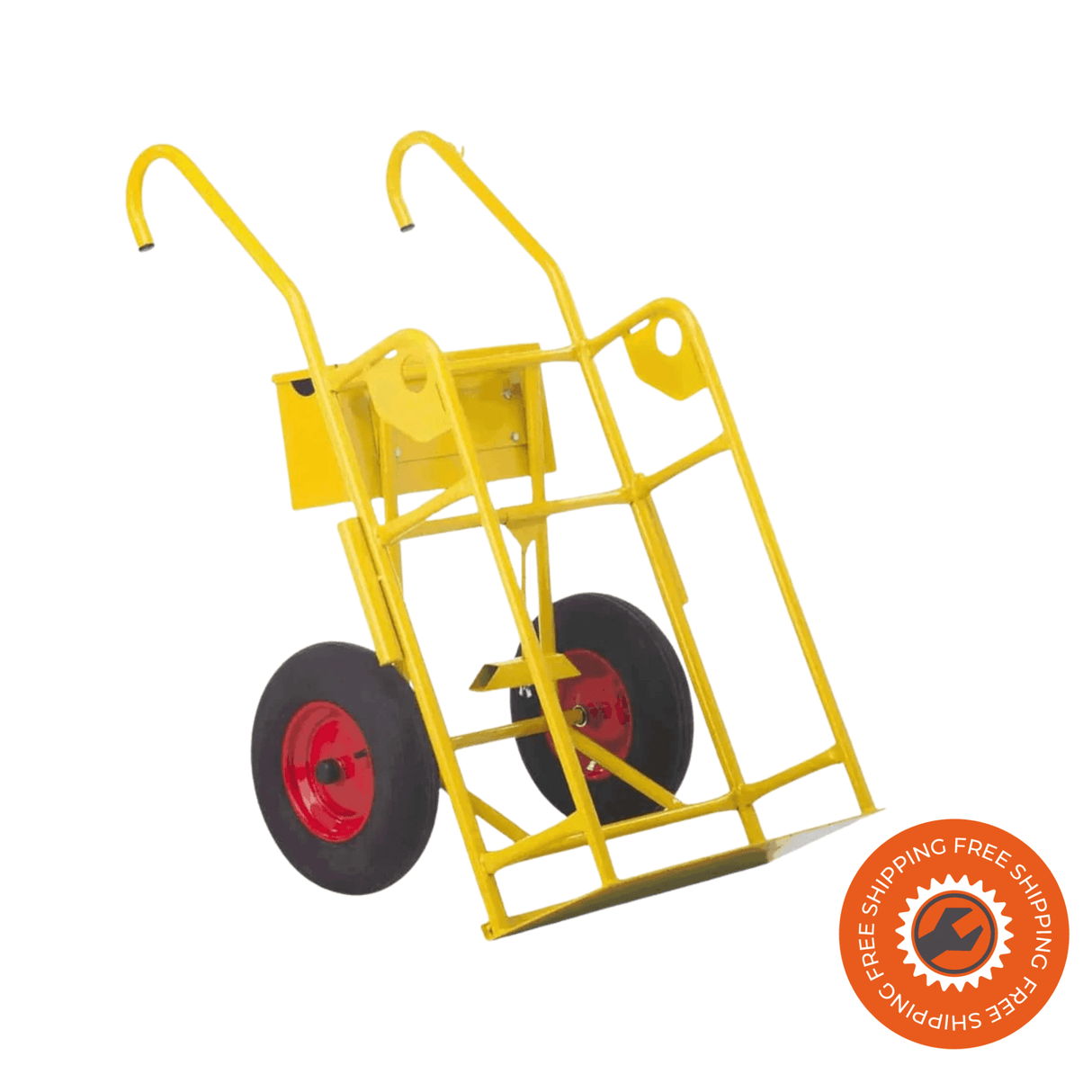 Carrello portabombole Ravendo BT 121 L, robusto e professionale, in acciaio verniciato a polvere giallo, con ruote pneumatiche Ø4.00×8”, portata 250 kg e superficie di supporto 680×300 mm.