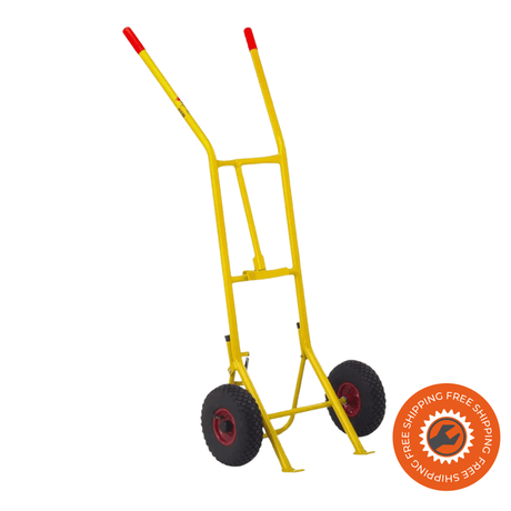 Carrello portafusti Ravendo DT 120, robusto e compatto, con portata 200 kg, ruote pneumatiche, struttura in acciaio verniciato giallo e impugnatura ergonomica.